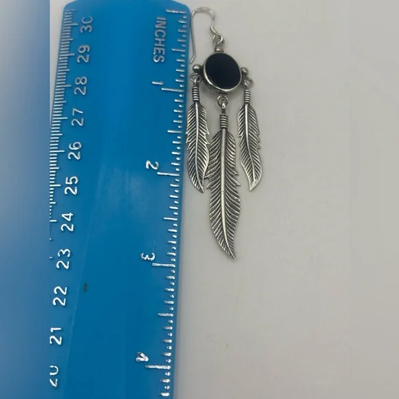 Vintage Black Agate 925 Feather Dangling Earrings - Picture 6 of 8